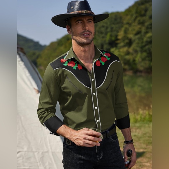 COOFANDY Other - COOFANDY Men's Cowboy Shirt Embroidered Rose Design Western Button Down Small